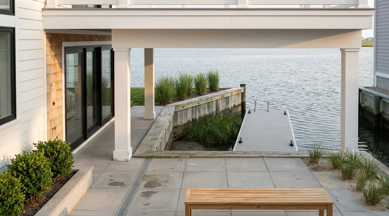 Waterfront home’s deck meets a bay-edge bulkhead beside a dock.