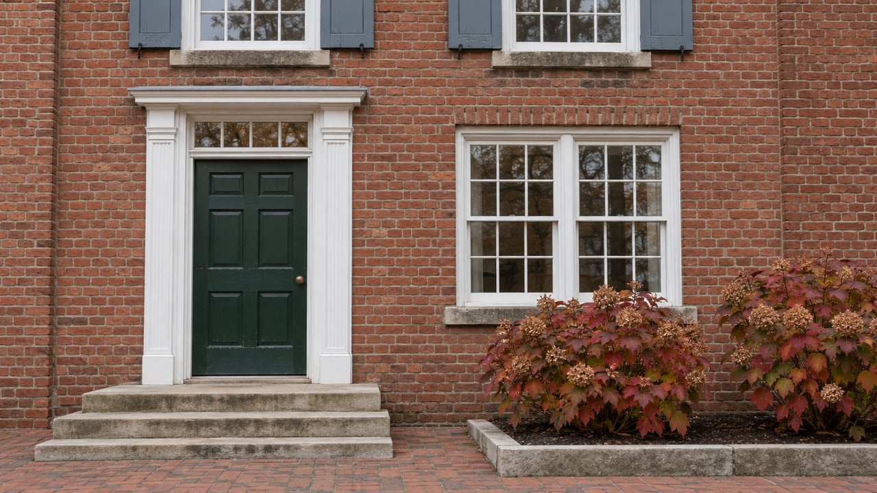 Brick home with a green paneled door, blue-gray shutters, limestone steps and oakleaf hydrangeas in autumn color.