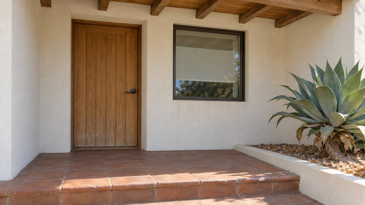 Sunlit terracotta porch leading to a shaded oak front door, beside an ivory plaster wall and a sculptural blue-green agave.