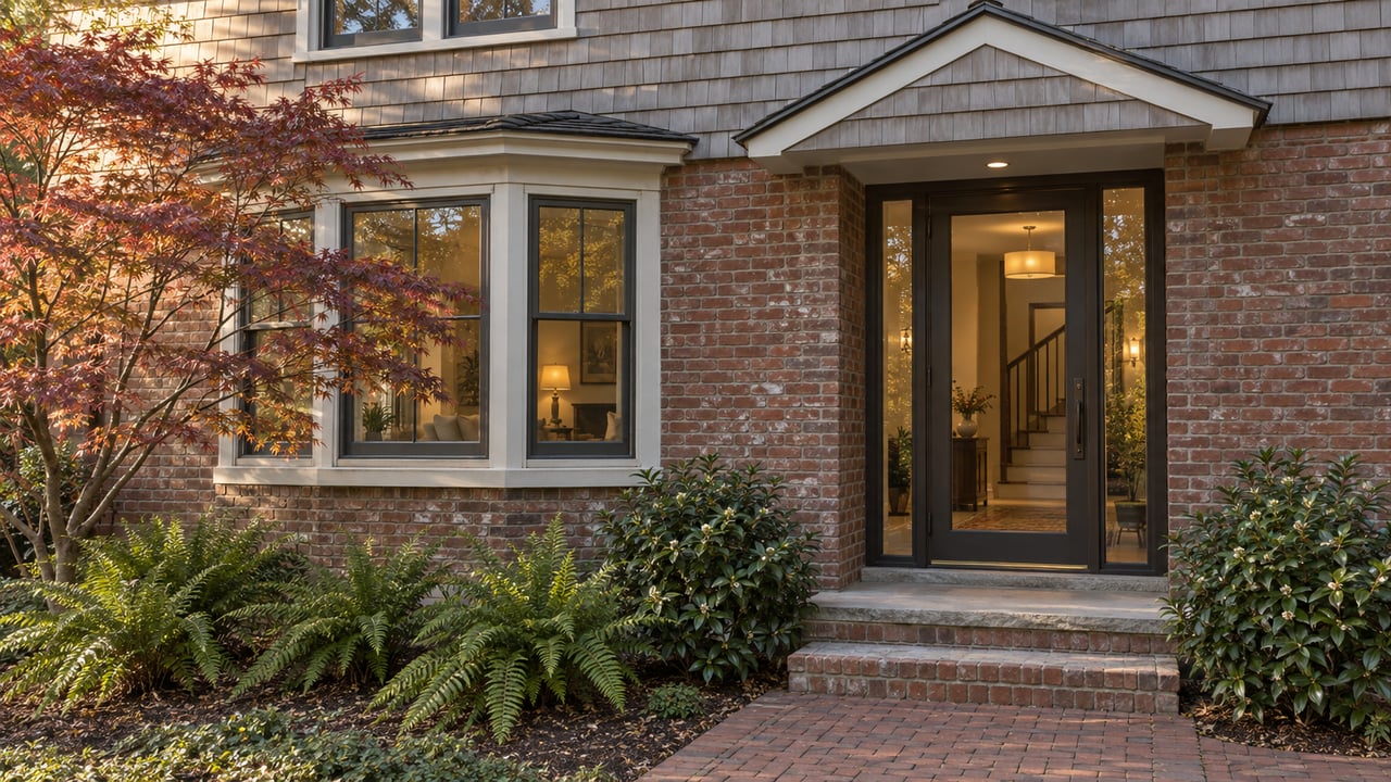 Brick multifamily building with a projecting bay window, recessed glass entrance, and Japanese maple.