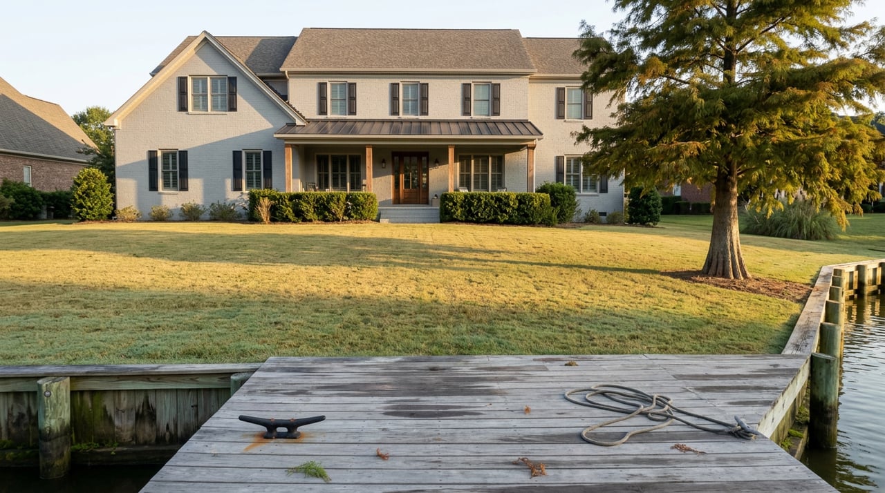 Weathered dock boards lead across a mowed lawn to a gray brick home with a covered porch and shoreline cypress.