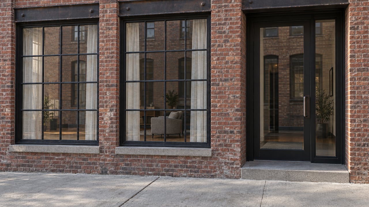 Morning sunlight on a red-brick residential loft facade with broad black-framed windows and a recessed glass entry.