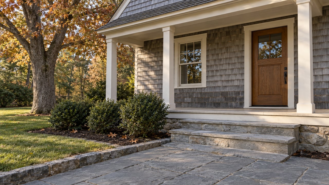 Silver-gray shingle home with an ivory covered porch, stone entrance steps and a mature oak carrying autumn leaves.