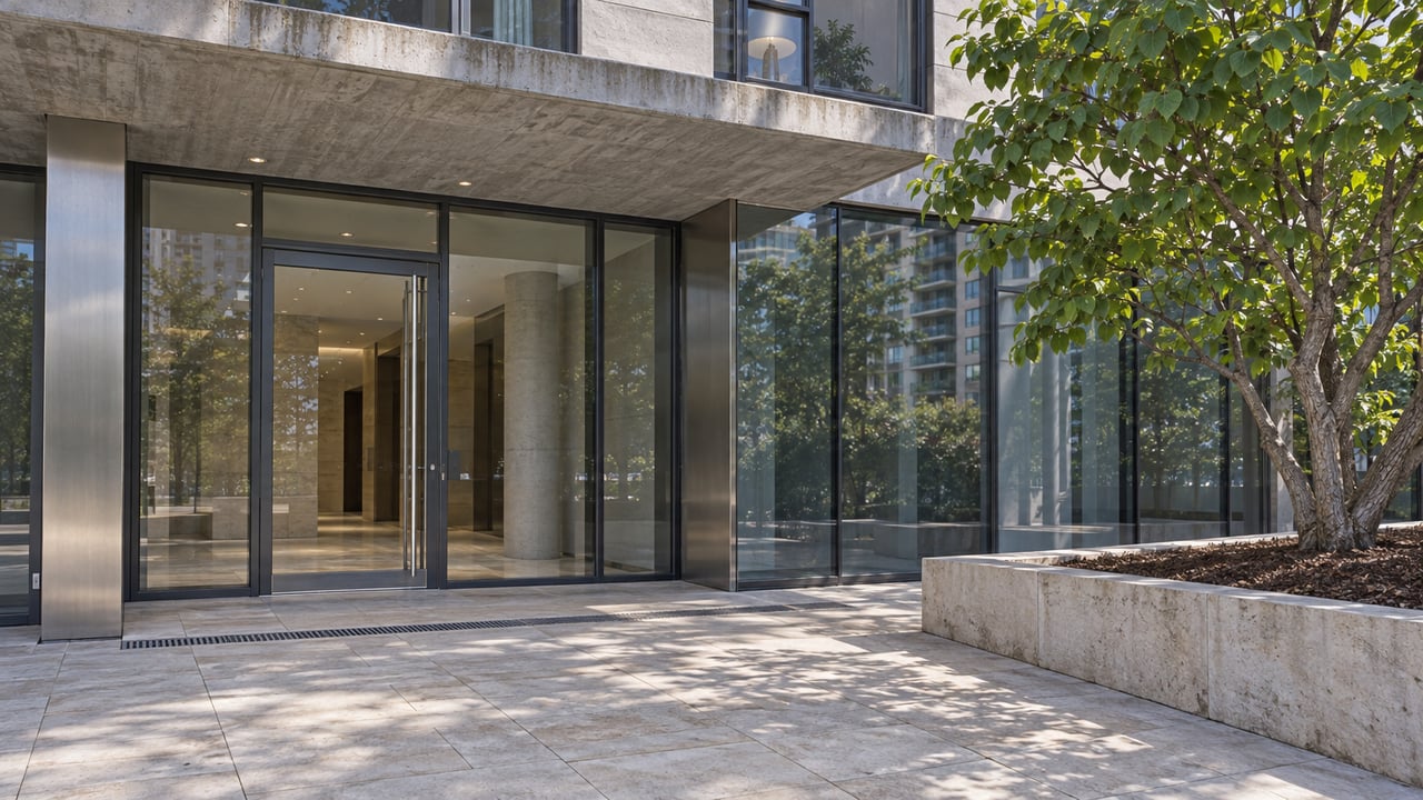 Modern high-rise entrance with glass doors and a tree in a raised stone planter.
