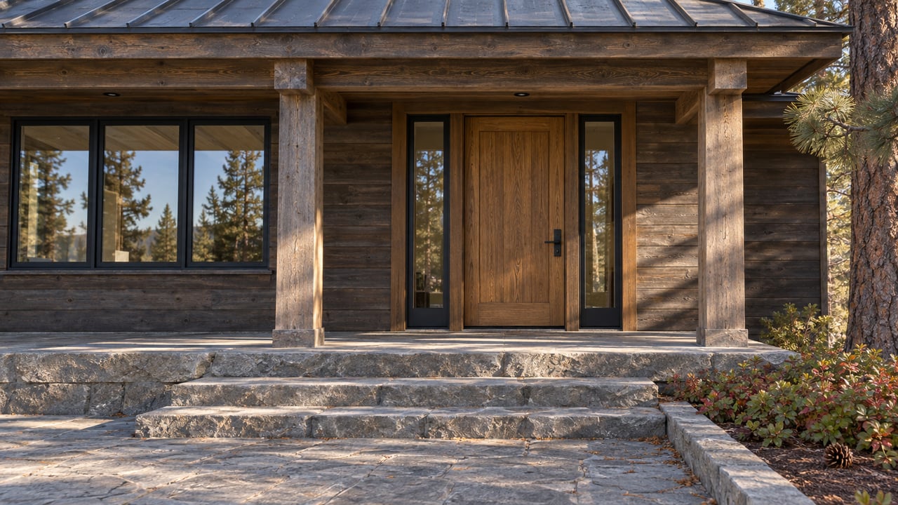 Weathered timber home entry with quartzite steps, paired glazed sidelights, and a ponderosa pine beside an autumn planting bed.