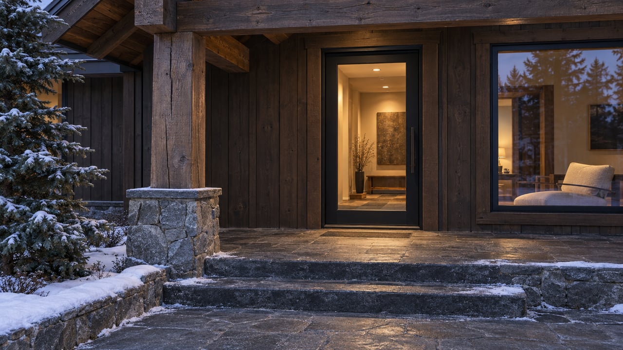 Snow-edged stone steps lead to a warmly lit glazed entrance beneath a heavy timber porch, beside dark wood siding and a spruce.
