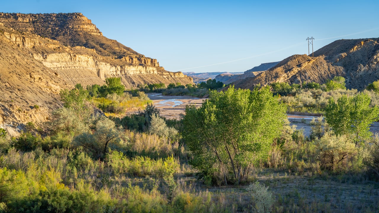 A river winds through a green valley beneath sunlit sandstone cliffs.