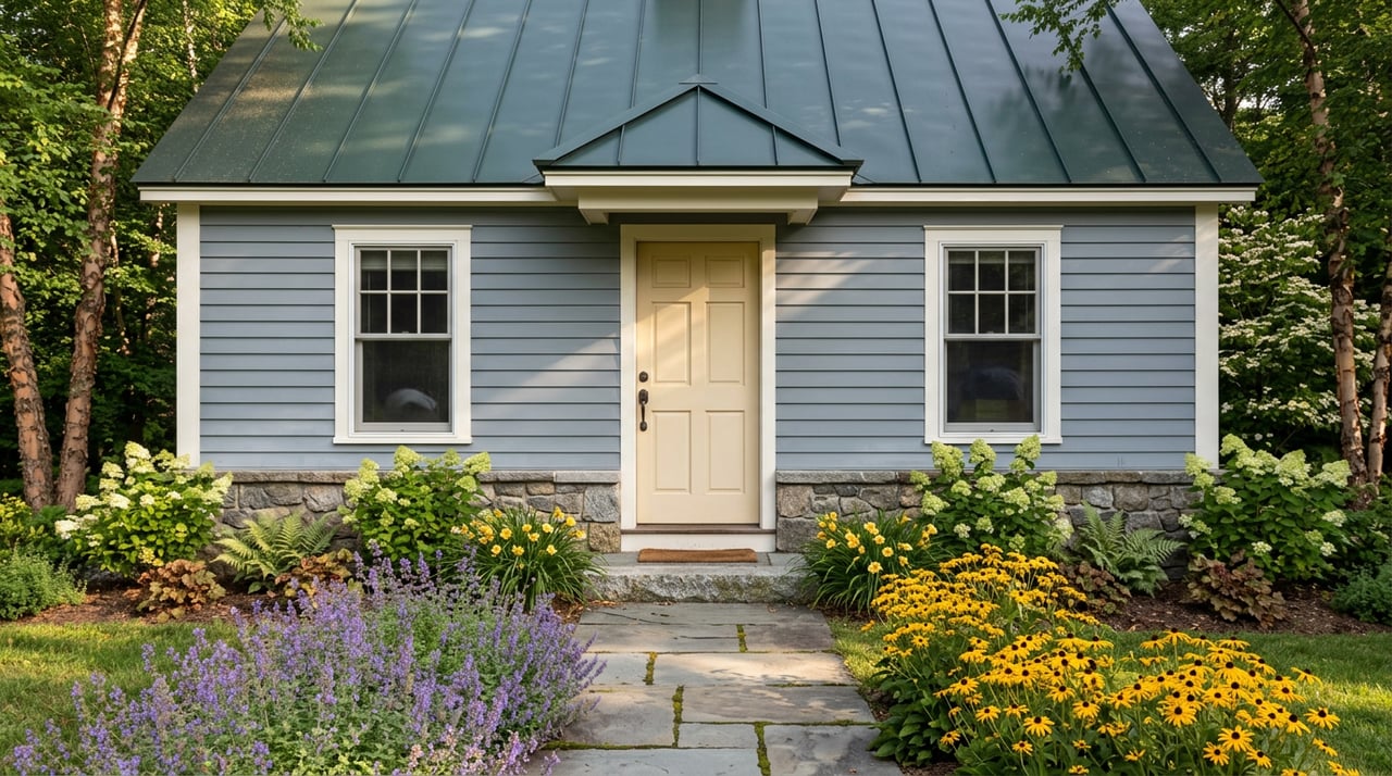 Slate-blue cottage with a cream door, green metal roof, and violet-blue and yellow flowers beside a bluestone path.