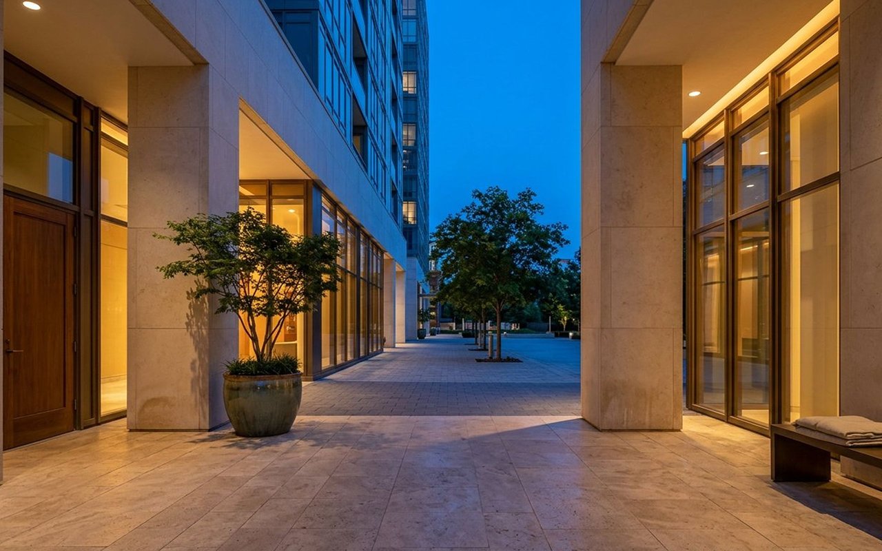 Modern commercial plaza at dusk with warmly lit glass storefronts and potted trees.