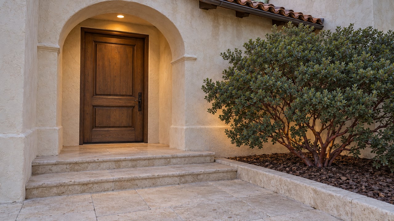 Arched stucco entrance with a tall oak door, worn limestone steps, terracotta roof tiles and a red-stemmed manzanita at dusk.