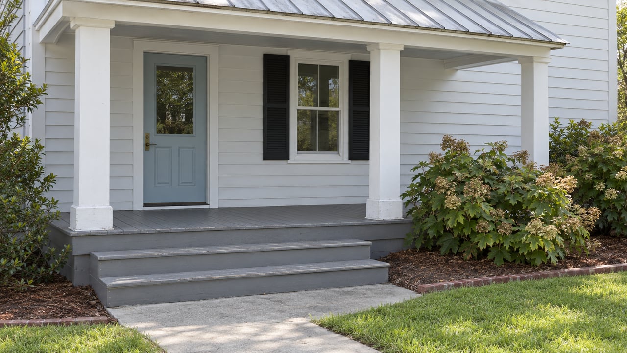 White lap-sided home with a shaded porch, pale blue front door, gray steps and oakleaf hydrangeas beside a concrete walk.