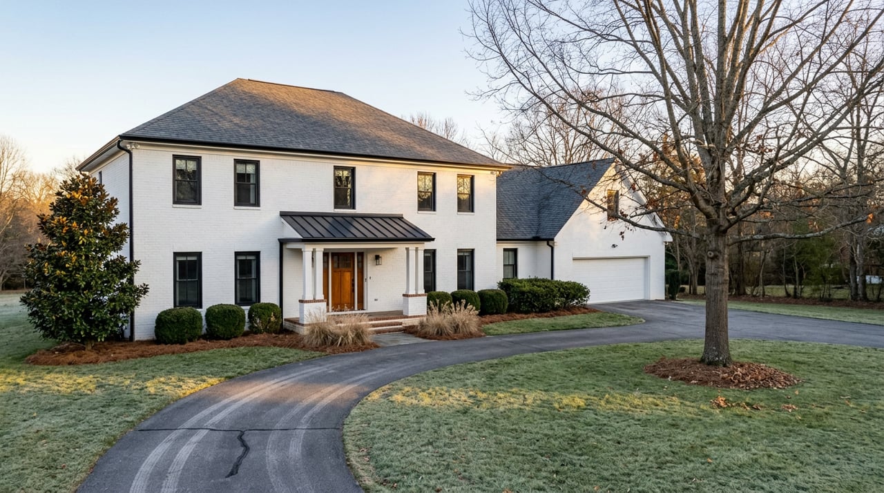 White-brick two-story house with black trim, a curving driveway, broad winter lawn, and bare oak under low golden sun.