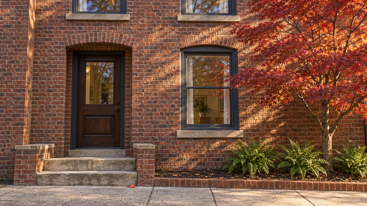 Warm autumn light on a brick residence with dark wood entry, limestone steps, and copper-red Japanese maple foliage.