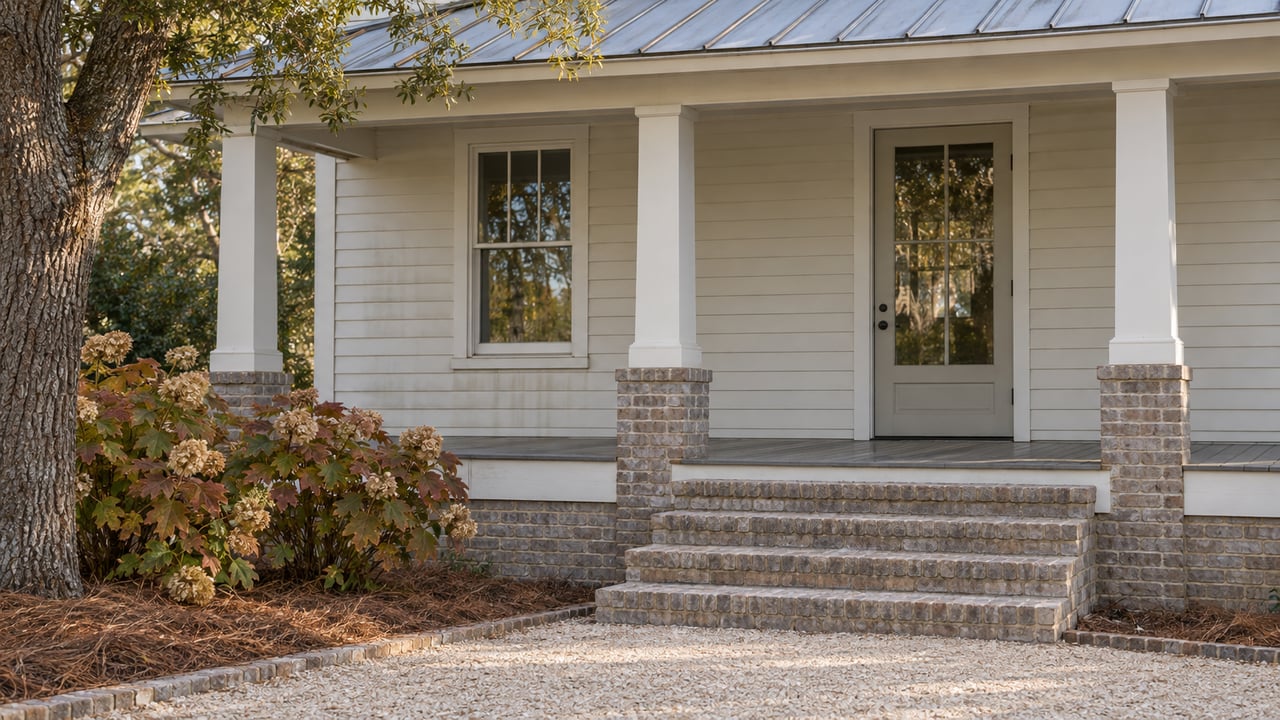 An oyster-painted wood home with a covered porch, weathered brick steps, shell-aggregate walk, live oak and autumn oakleaf hydrangeas.