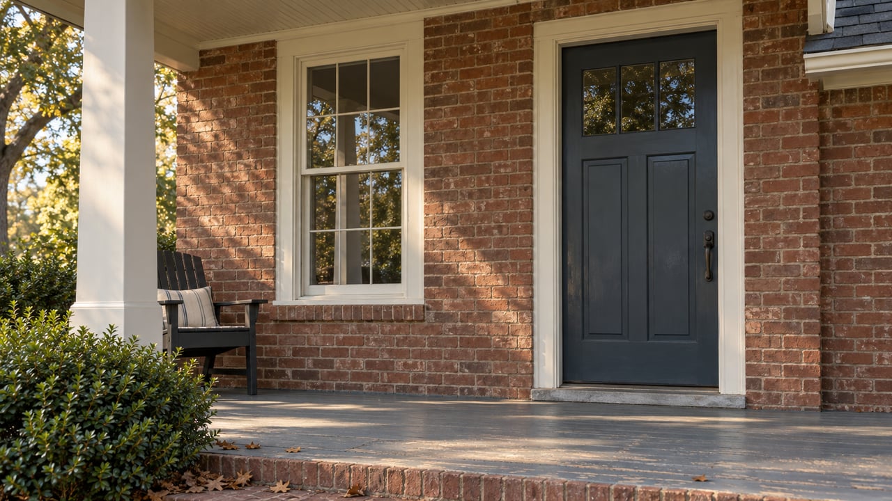 Brick house entry with a charcoal-blue door, divided-light window, porch post, and worn floorboards.