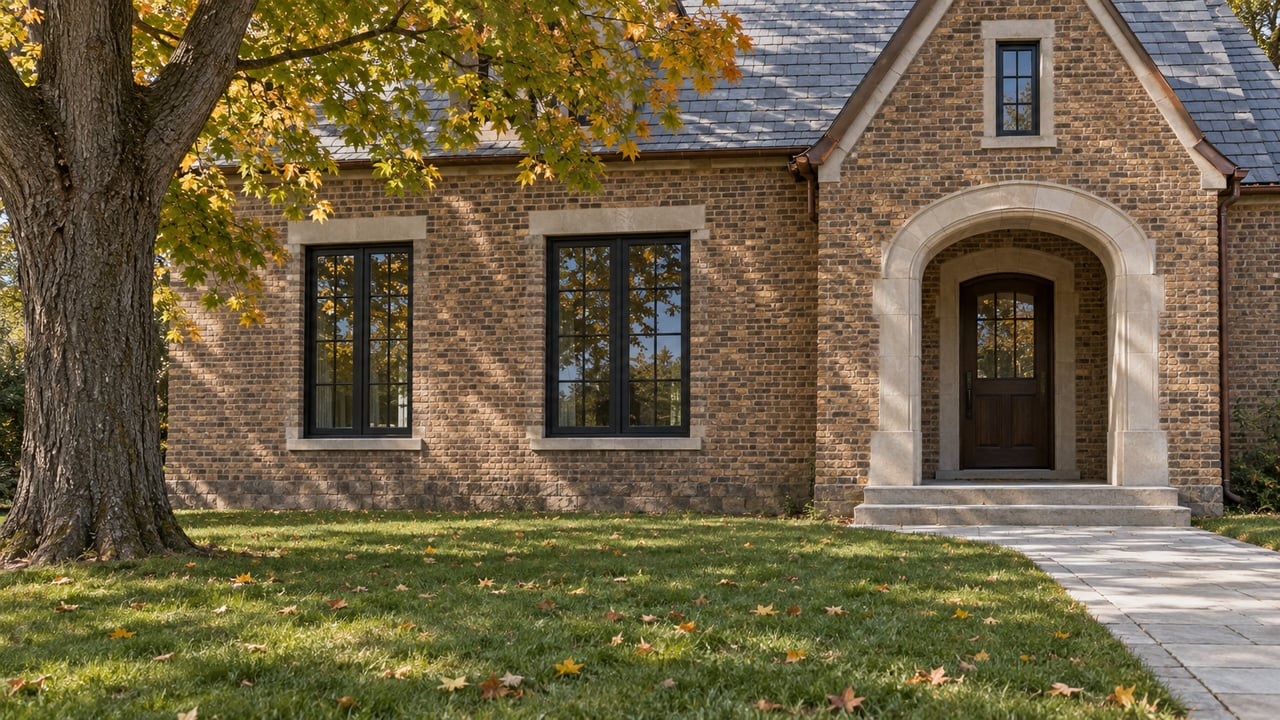 Brick and limestone home with an arched oak entrance, broad lawn, and a mature sugar maple turning golden in autumn.