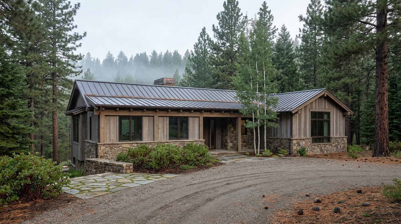 Mountain residence with cedar siding, fieldstone walls, and a gravel court beneath a dense conifer canopy.