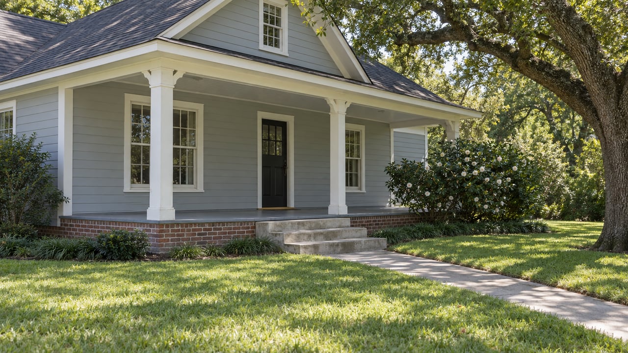 Weathered pale blue-gray cottage with a raised white-post porch, concrete steps, lawn, and overhanging oak.