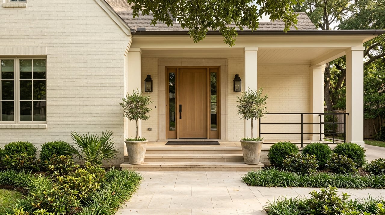 Limestone walkway beneath a live-oak canopy leads to a covered entry framed by painted brick and black iron.