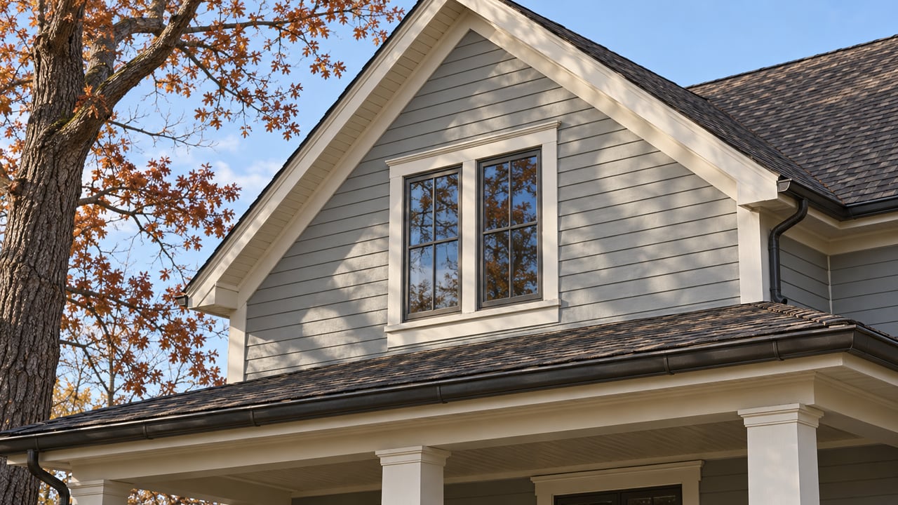 Gray clapboard gable with paired windows above a covered porch, framed by russet oak leaves in autumn light.