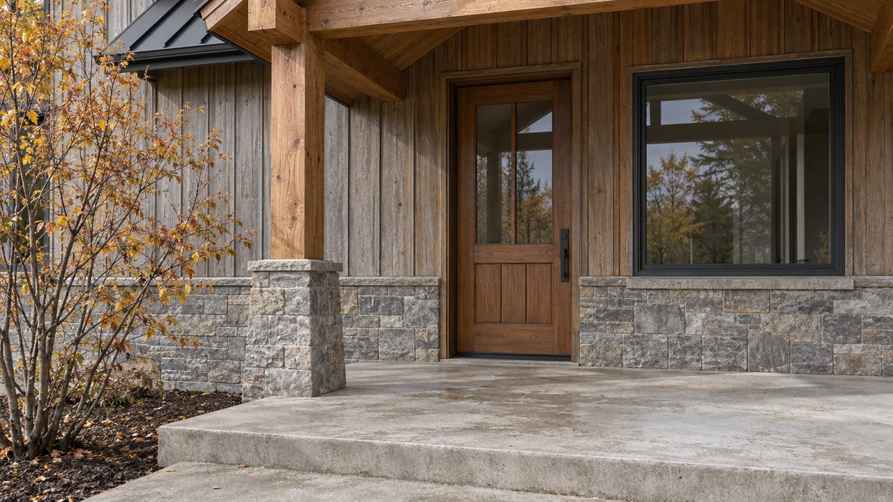 Covered home entry with cedar siding, a timber post on a stone pier, charcoal-framed glazing and copper-yellow serviceberry leaves.
