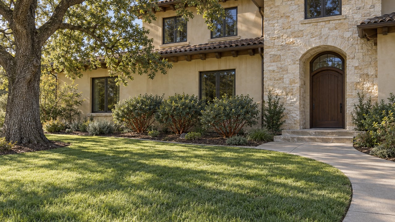 A substantial stone-and-stucco home behind a deep lawn, with a mature oak, sculpted manzanita shrubs and a curved concrete entry walk.