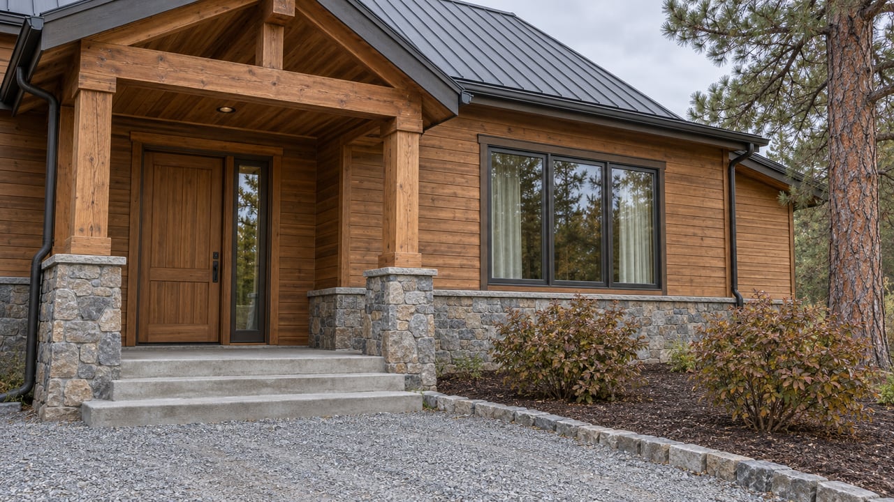Cedar-sided home with a timber-covered entry, stone base and gravel approach beside autumn shrubs and a mature pine.