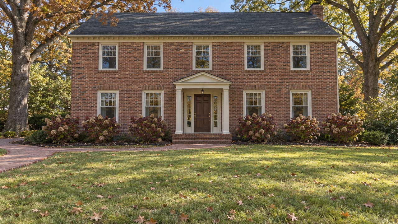 An established two-story brick home behind a broad autumn lawn, with mature white oaks and a curved brick approach.