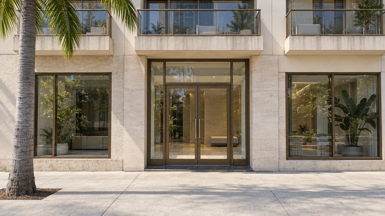 Residential mid-rise with a glazed lobby, shallow balconies, and a palm tree beside the sidewalk.
