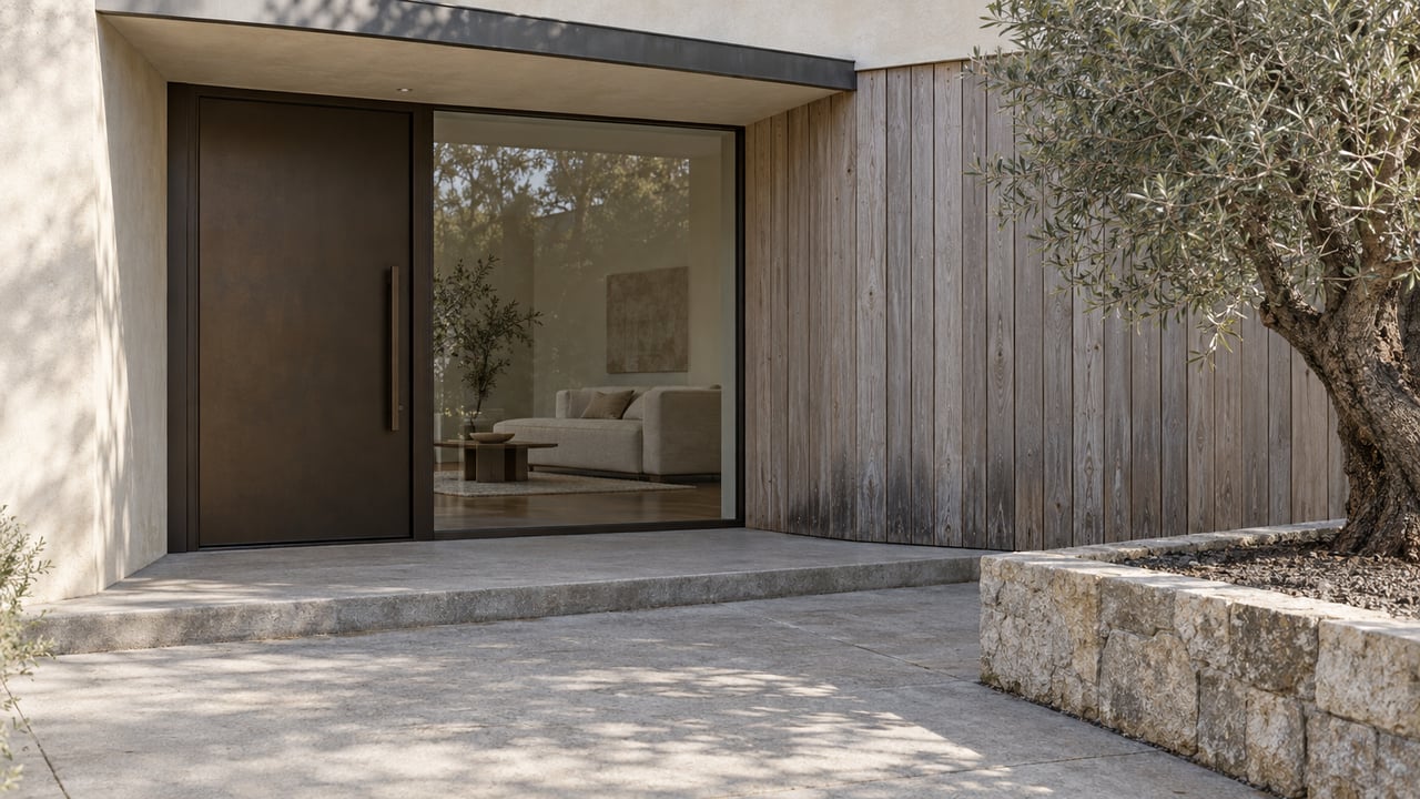 Modern stucco entry with a dark bronze door, weathered cedar cladding, and an olive tree in a raised bed.