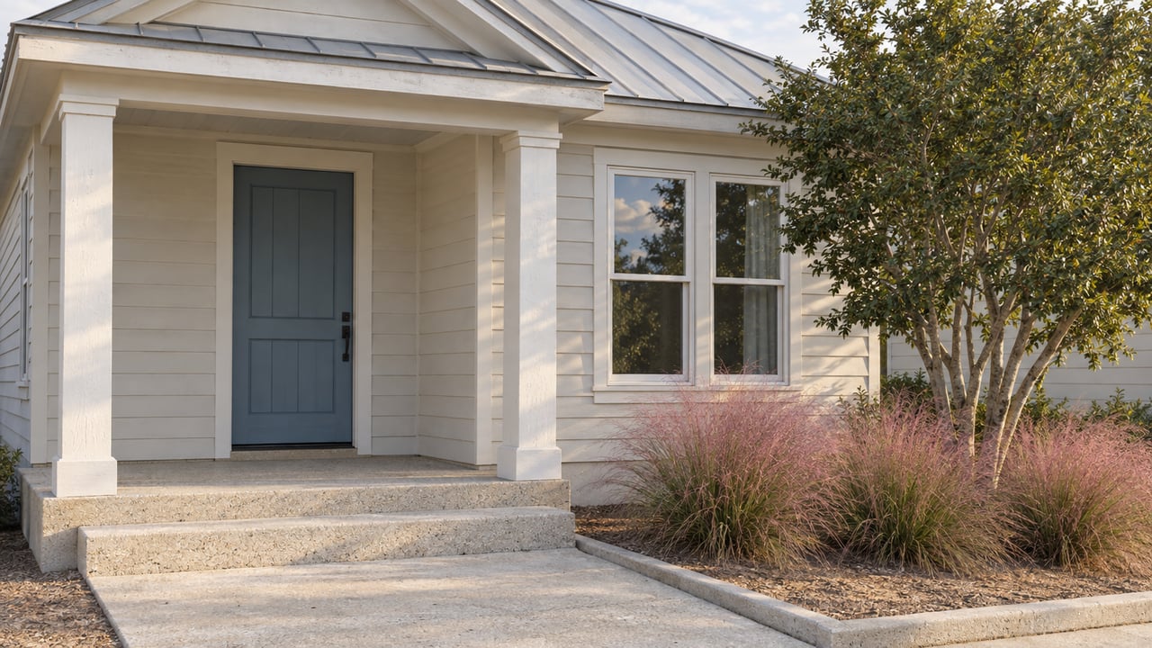Off-white timber home with a blue front door, paired windows, shell-aggregate porch steps and pink muhly grass beside a sculptural yaupon tree.