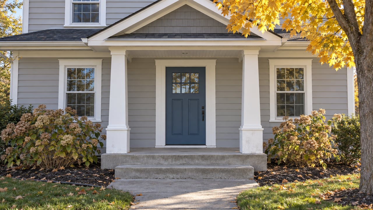 Gray clapboard home with a blue front door, white porch columns, golden maple leaves and dried hydrangea blossoms.