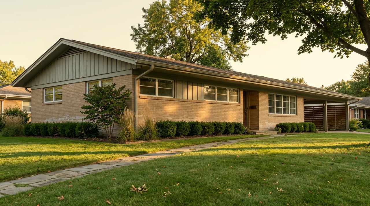 Low brick-and-cedar ranch house with a long roofline, ribbon windows, and slatted carport screen beyond a flagstone path.