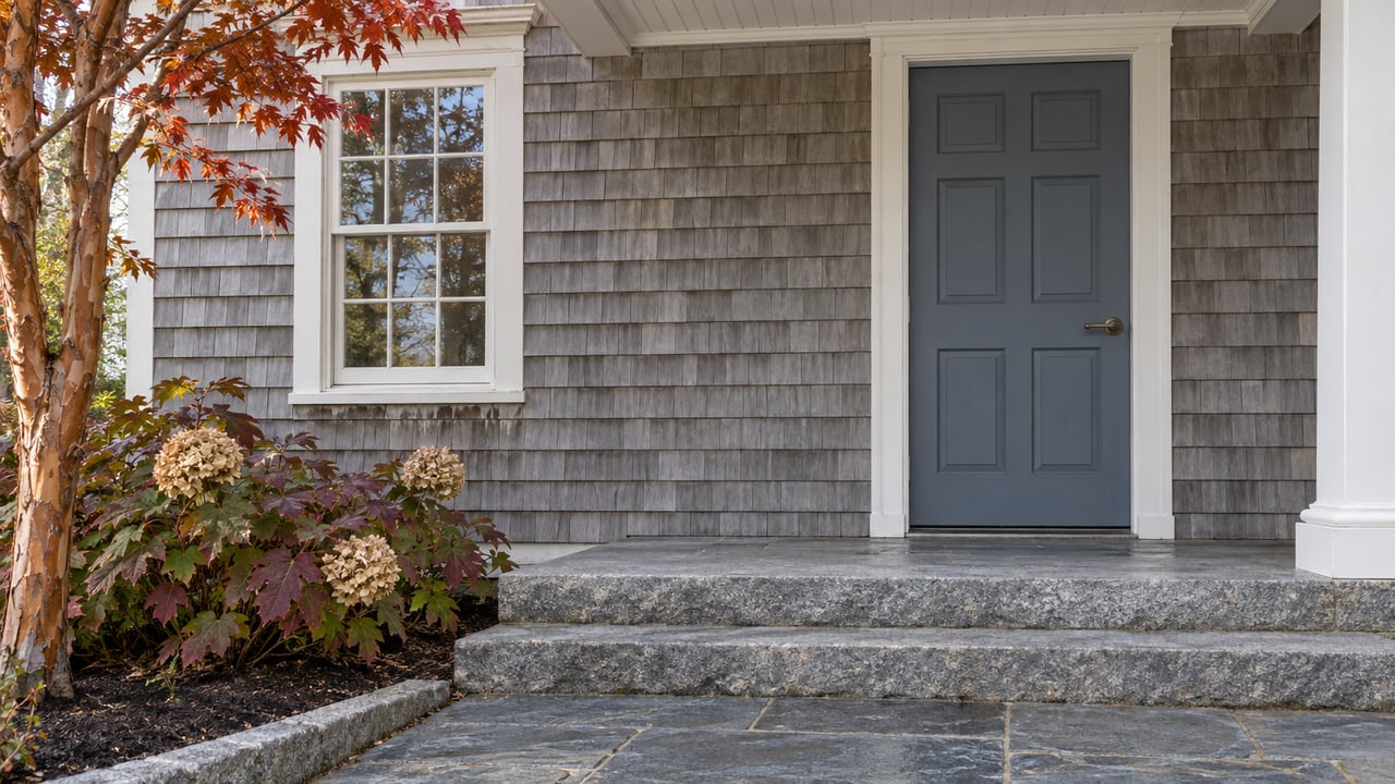 A shingled home's blue-gray front door and white-trimmed window above granite steps, framed by russet maple leaves and burgundy oakleaf hydrangea.