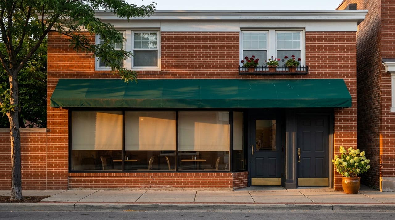 Two-story red-brick storefront with a green awning, warmly lit windows, terracotta planter, and street tree.