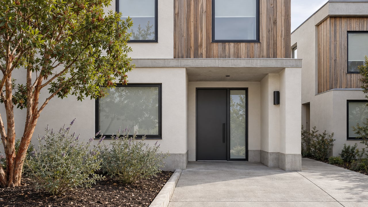 Contemporary attached townhome entry with warm-white stucco, cedar cladding, black-framed windows, and a carefully planted concrete approach.