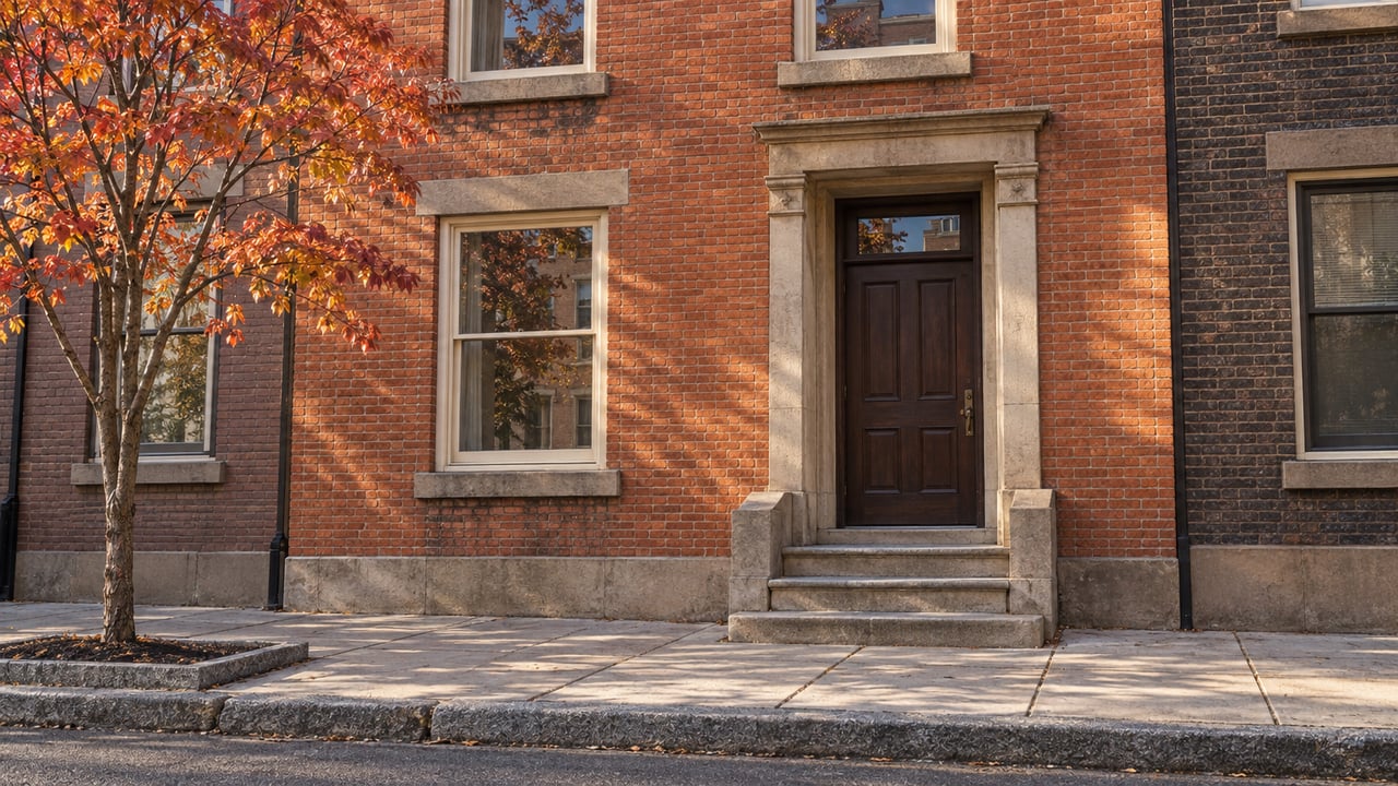 Autumn light on a lived-in brick rowhouse, limestone steps, and a serviceberry beside the sidewalk.