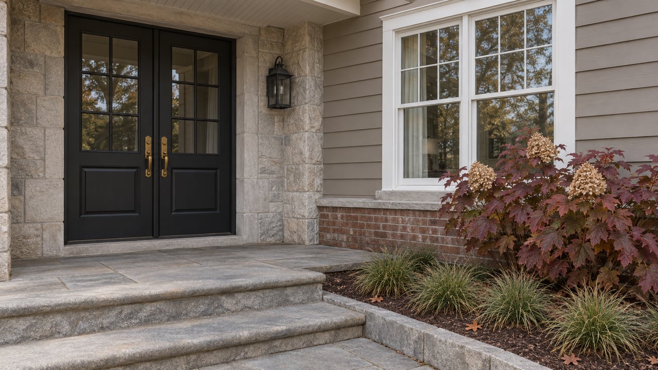 Black double entry doors and a white-trimmed window on a taupe-sided home, above worn stone steps and a small autumn planting bed.