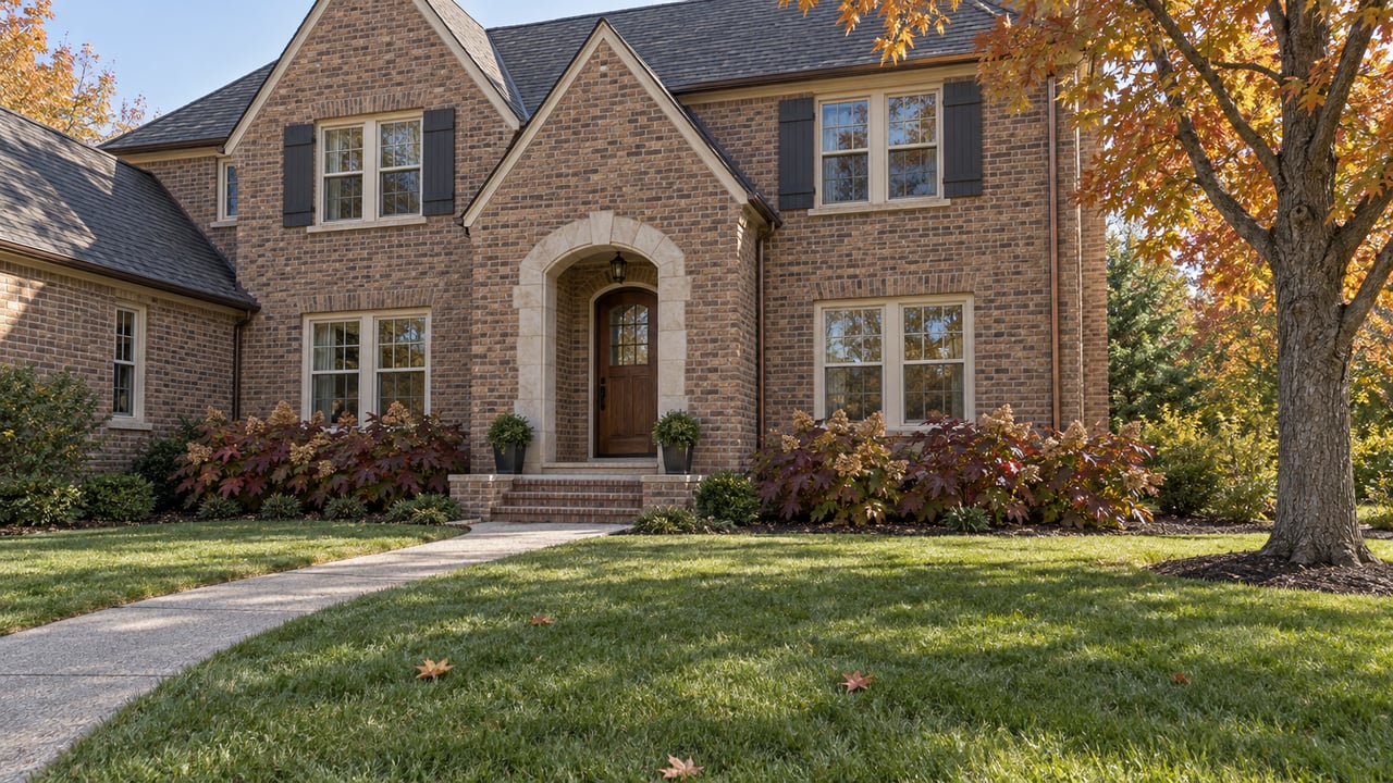 Brick home with steep gables, a limestone arched entrance, a curved concrete walk, and an autumn maple beside a broad lawn.