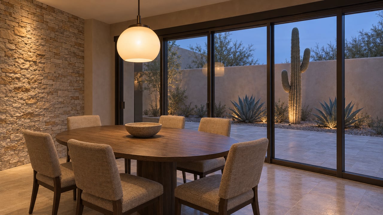 Warmly lit dining room with an oak table, upholstered chairs and bronze-framed glass overlooking a stone terrace with a saguaro and blue agaves.