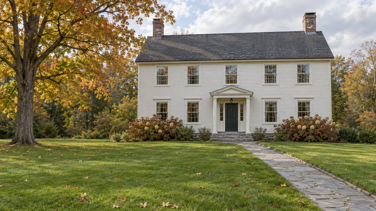Ivory clapboard home with symmetrical sash windows, a stone approach, and a mature amber-leaved maple above a broad front lawn.