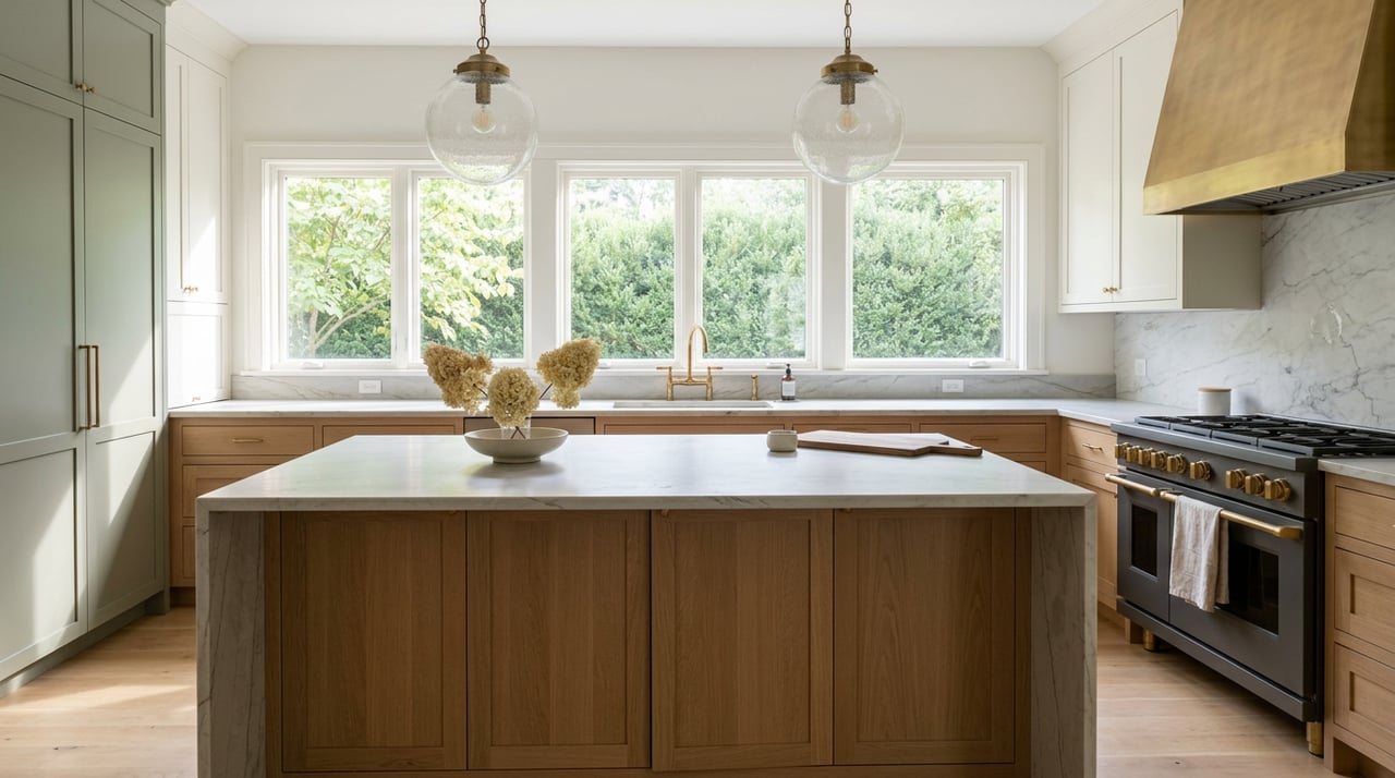 Luxury kitchen with a quartzite island, dried hydrangeas, brass fixtures, and windows framing green foliage.