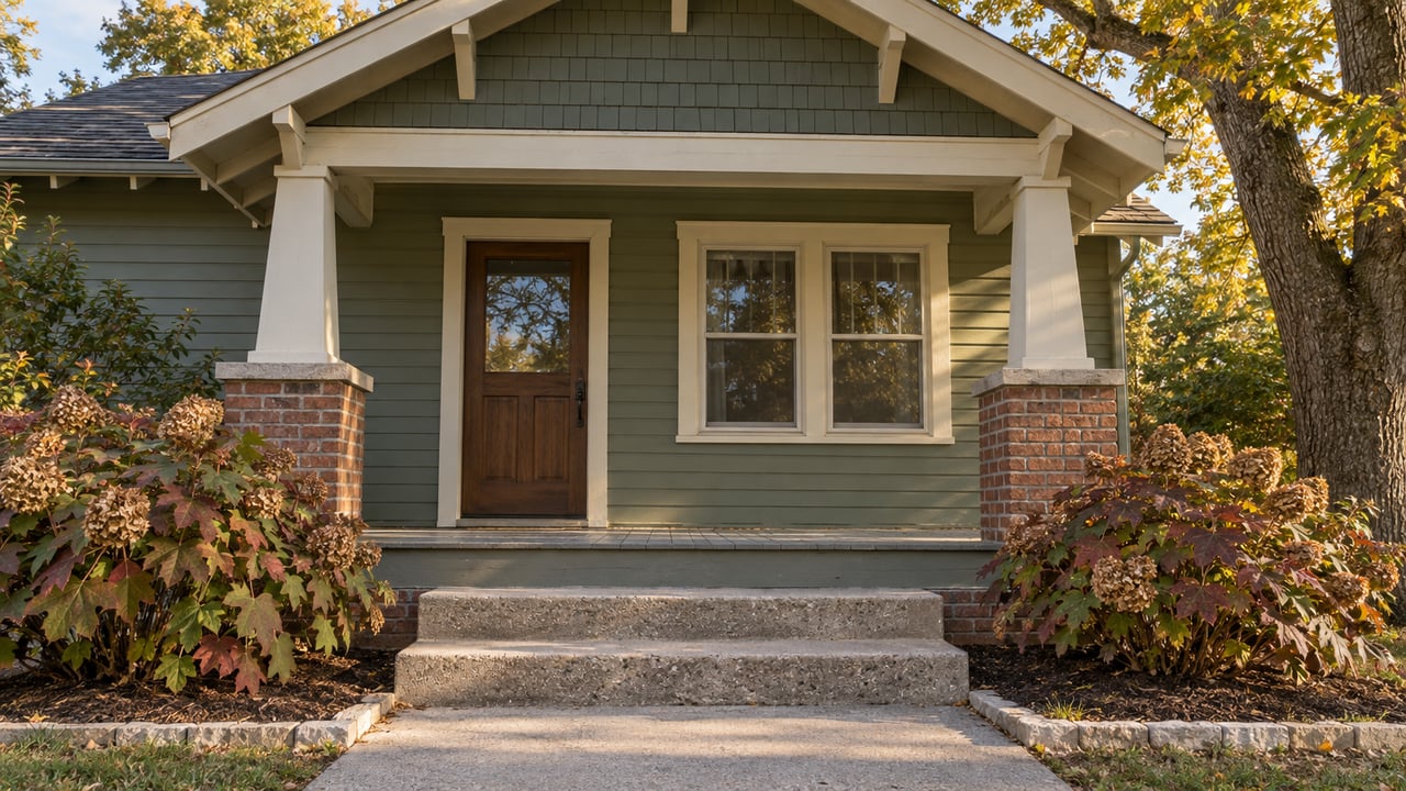 Sage-painted gable-front home with a brick-supported porch, worn concrete steps and oakleaf hydrangeas in autumn light.