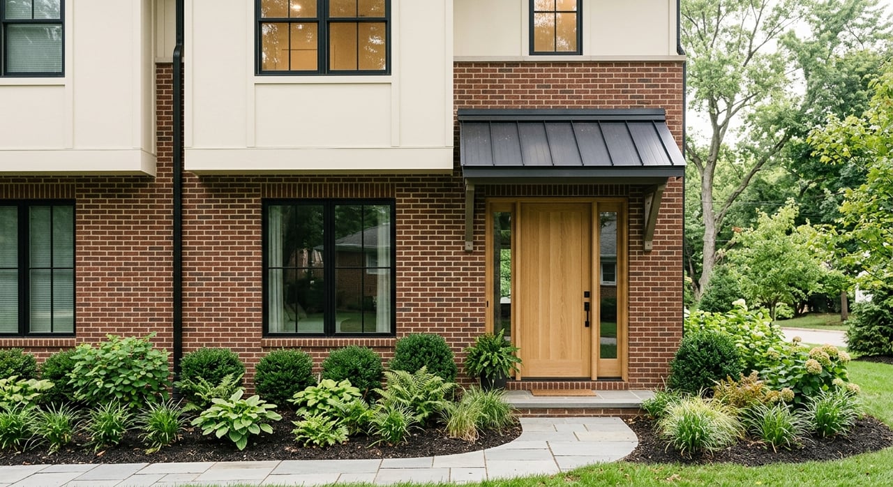 Brick townhome entrance with a light oak door, black awning, and concrete planter lined with shrubs.