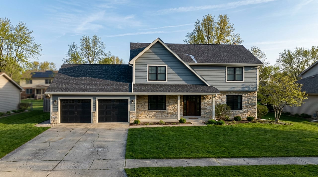 Two-story gray-blue house with a stone veneer base, white-trimmed windows, gabled entry, and double garage.
