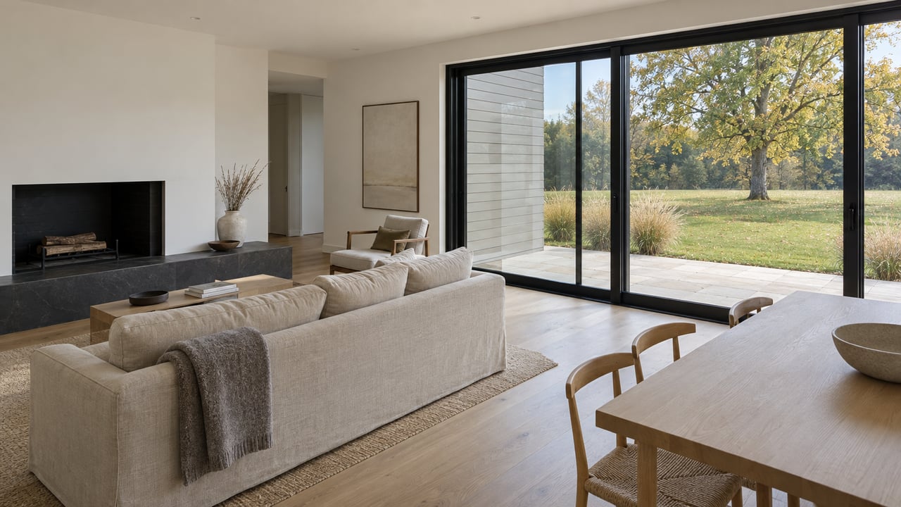 Villa great room with oak floors, linen sofa, soapstone fireplace, and glass doors opening onto a small lawn.