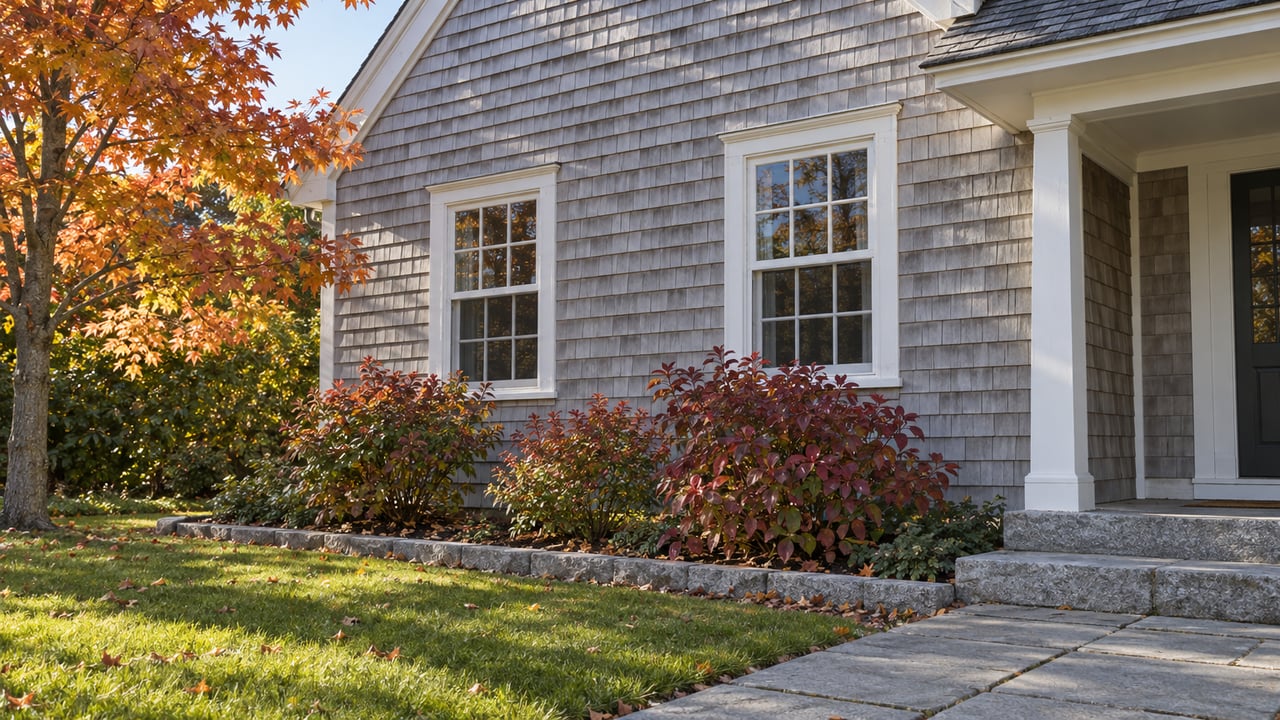 Gray cedar-shingle house with a covered entry, stone walkway, and autumn foliage.