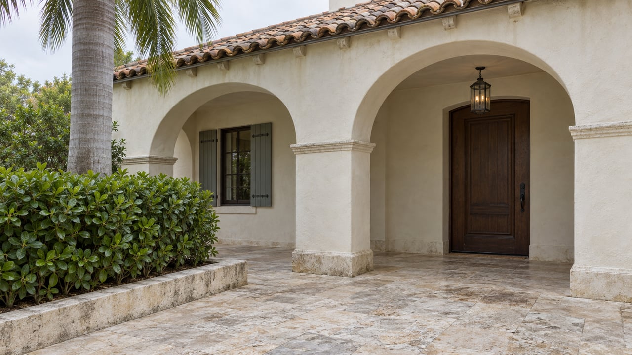 Cream stucco home with an arched loggia, closed oak door, limestone paving, and a palm beside the entry.