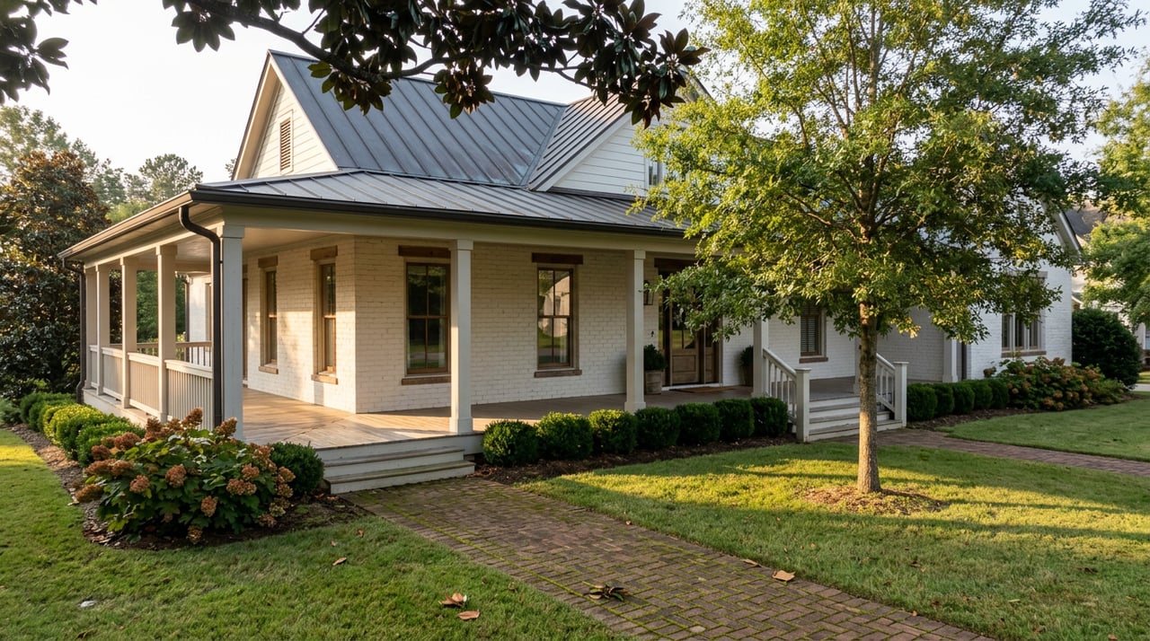 White brick home with a wraparound porch, magnolia tree, and brick walkway crossing a broad lawn.