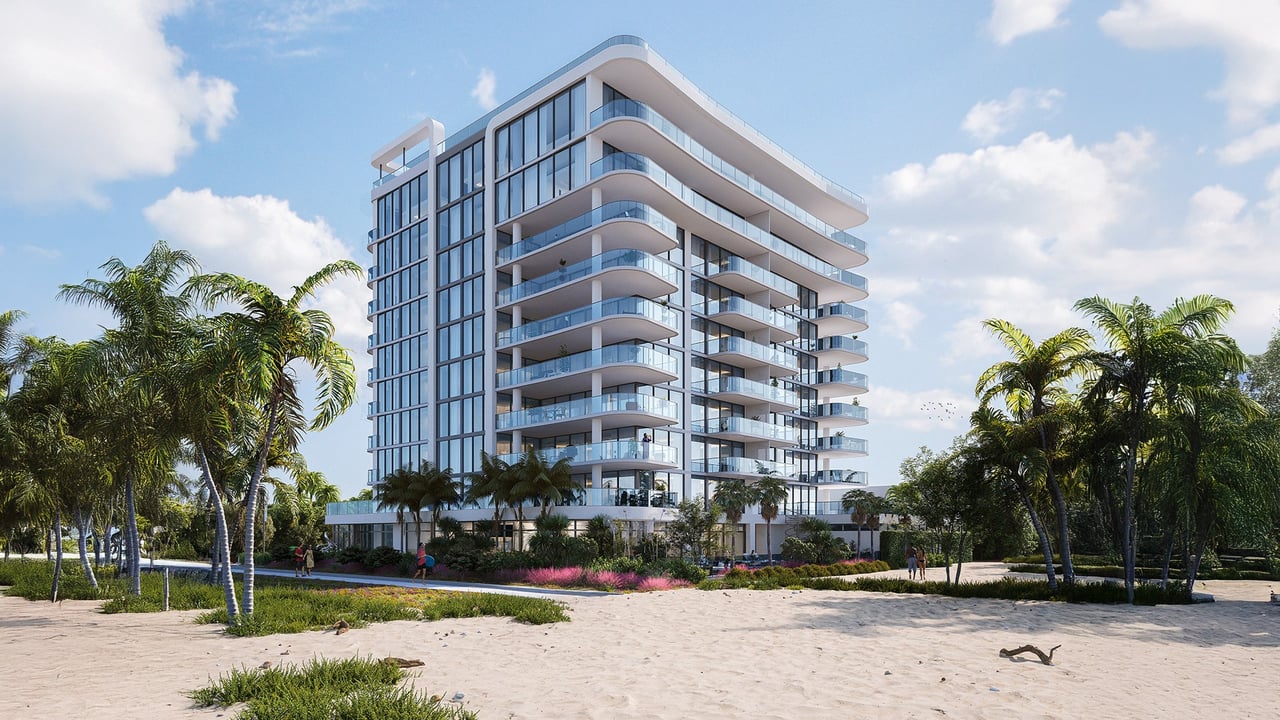 Beachside rendering of Ocean 580’s tower and ocean-facing terraces.